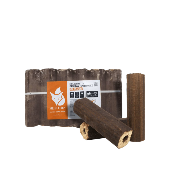 PiniKay Octagon Hartholzbriketts Heizfuxx – 960 kg Gesamtgewicht (96 Gebinde à 10 kg) – Hochverdichtete Achteck-Briketts für Ofen und Kamin