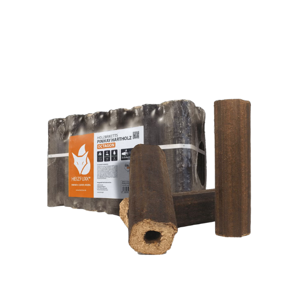 PiniKay Octagon Hartholzbriketts Heizfuxx – 960 kg Gesamtgewicht (96 Gebinde à 10 kg) – Hochverdichtete Achteck-Briketts für Ofen und Kamin
