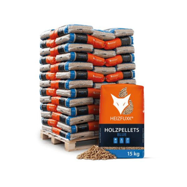 Blue-Serie Holzpellets von Heizfuxx – 975 kg Komplettpalette (65 Einzelpackungen à 15 kg) – ENplus A1 zertifizierte Premium-Pellets für alle Pelletöfen