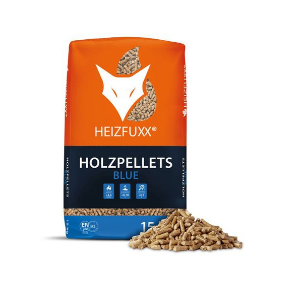 Blue-Serie Holzpellets von Heizfuxx – 975 kg Komplettpalette (65 Einzelpackungen à 15 kg) – ENplus A1 zertifizierte Premium-Pellets für alle Pelletöfen